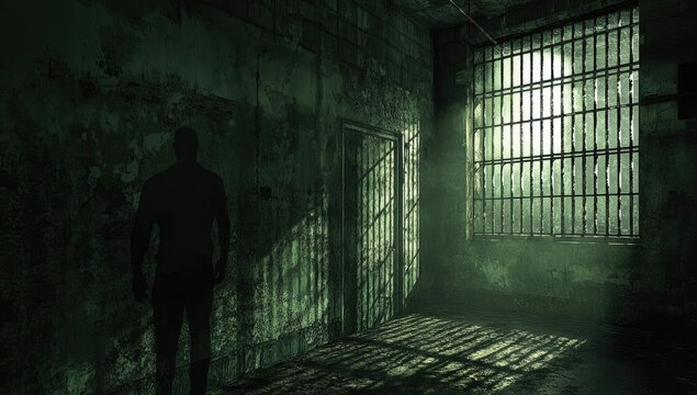 Silhouetted figure in old, dimly lit prison cell