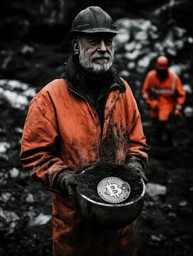 Bitcoin miner carrying a newly discovered Bitcoin created by generative AI