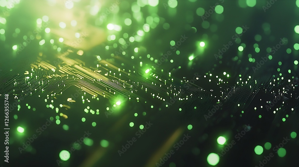 Fototapete Artistic representation of an abstract circuit layout illuminated by sparkling green lights : Generative AI