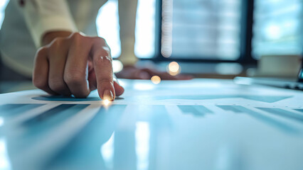 Naklejka premium Strategist Analyzes Data Chart: Pastel Arcs and Subtle Hues Create Clarity in Lean Posture, Revealing Numeric Patterns and Stable Glow in Photo Stock Concept with Empty Space