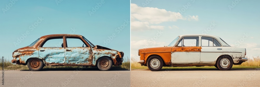 Poster comparison of a dented rusted car and a flawlessly repaired vehicle showcasing dramatic contrasts in
