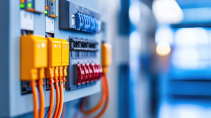 Electrical breaker box with colorful circuit breakers and wires, showcasing close up view of components. image conveys sense of modern electrical systems and safety