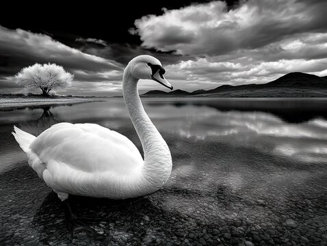 swan on the lake, black and white, infrared, created by generative AI