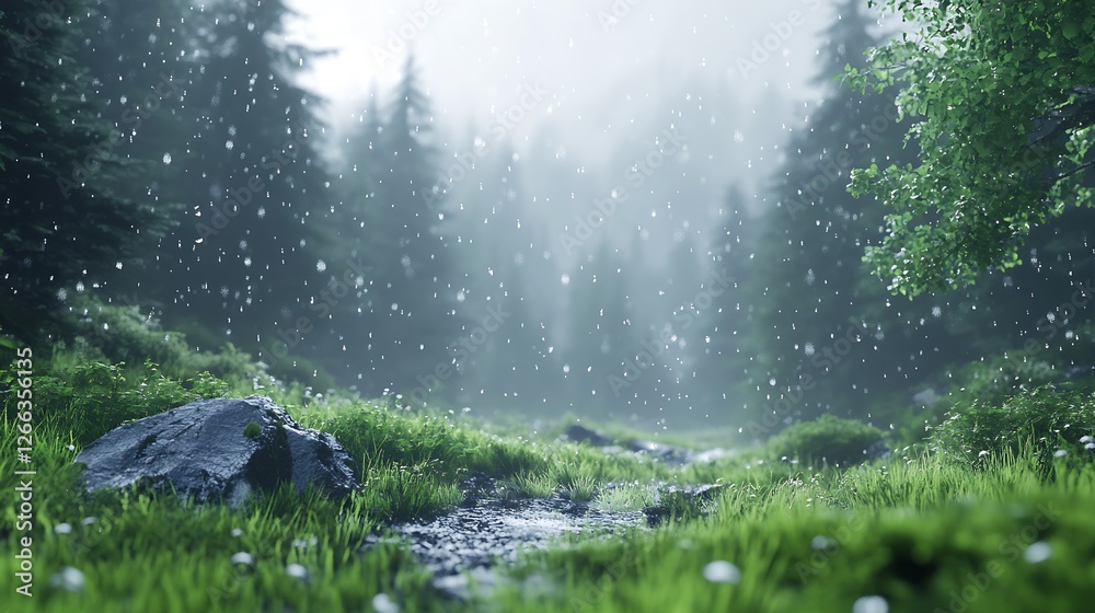 Poster Misty Forest Scene with Rainfall Over Lush Green Grass and Rocks Creating a Mysterious Atmosphere : Generative AI