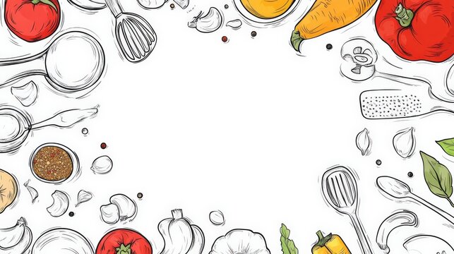 Colorful kitchen ingredients and utensils arranged in a creative border for culinary design
