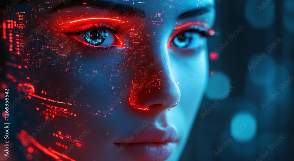 Fototapete close-up of futuristic human face overlaying technology and digital graphics in high-tech setting : 