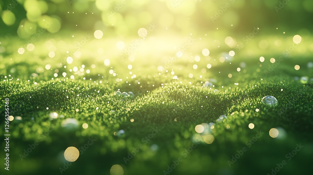 Poster Sparkling Green Moss with Dew Drops Under Diffused Sunlight Creating a Magical Atmosphere : Generative AI