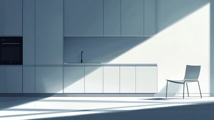Minimalist kitchen interior with sunlight streaming through, highlighting a single chair