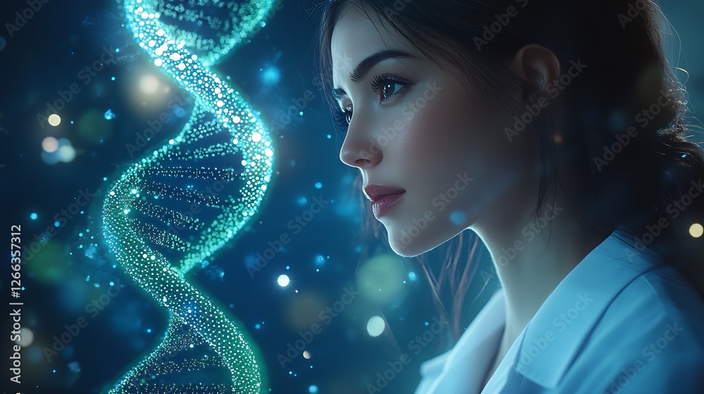 Aufkleber contemplative woman in lab coat analyzing genetic information with intriguing glowing dna model : ge
