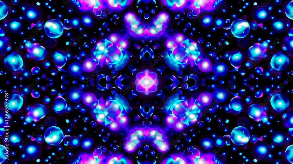 Poster abstract neon pattern with glowing blue and pink shapes, symmetrical kaleidoscope effect. digital ar