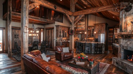 Obraz premium Rustic farmhouse living room with wooden beams, cozy furniture, and copy space.
