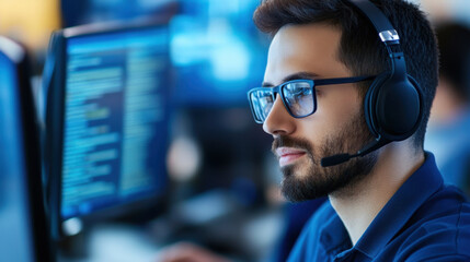 Focused man with headset working on computer in tech environment, showcasing concentration and professionalism