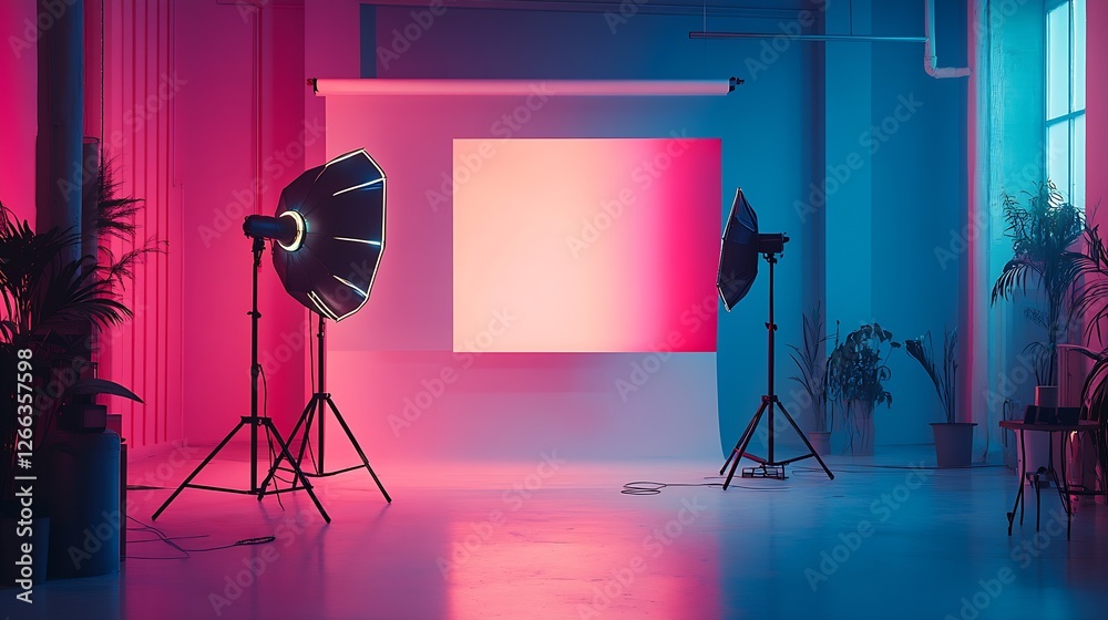 Aufkleber Dynamic photography setup with vibrant colored lights creating a captivating studio environment : Generative AI