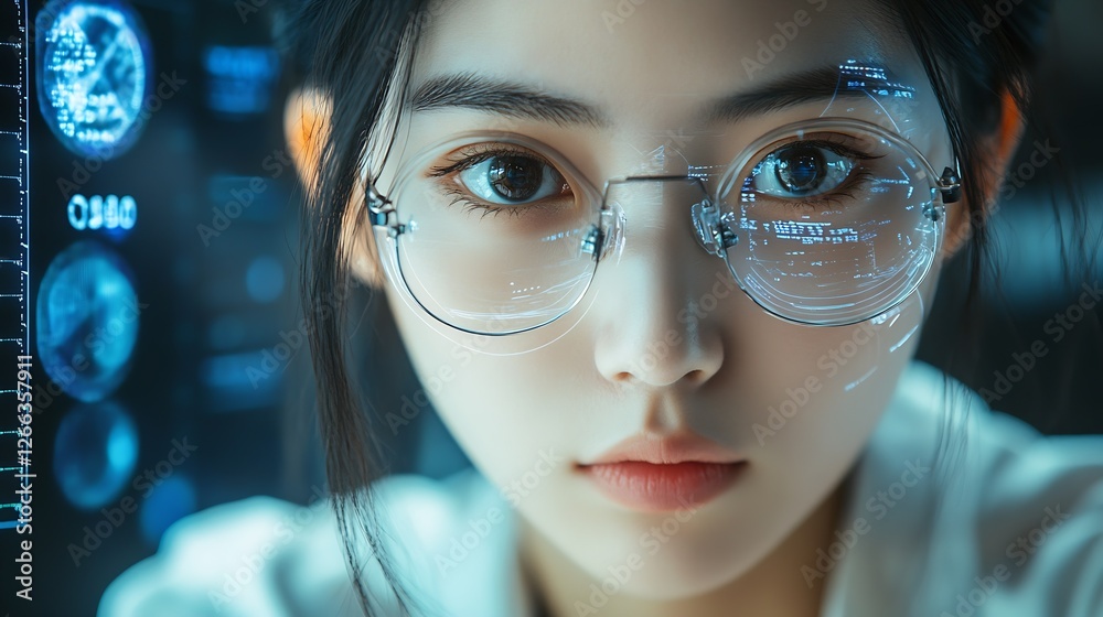 Aufkleber intense close-up portrait of a woman with high-tech glasses and futuristic graphics around her : gen