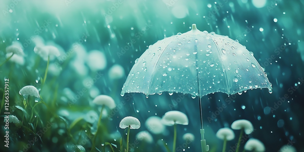 Leinwandbilder captivating scene of a white umbrella surrounded by delicate flowers in rain creating a tranquil atm