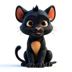 Fototapeta premium Adorable Cartoon Black Kitten Sitting 3D Render Cute Pet Happy Animal Isolated White Background