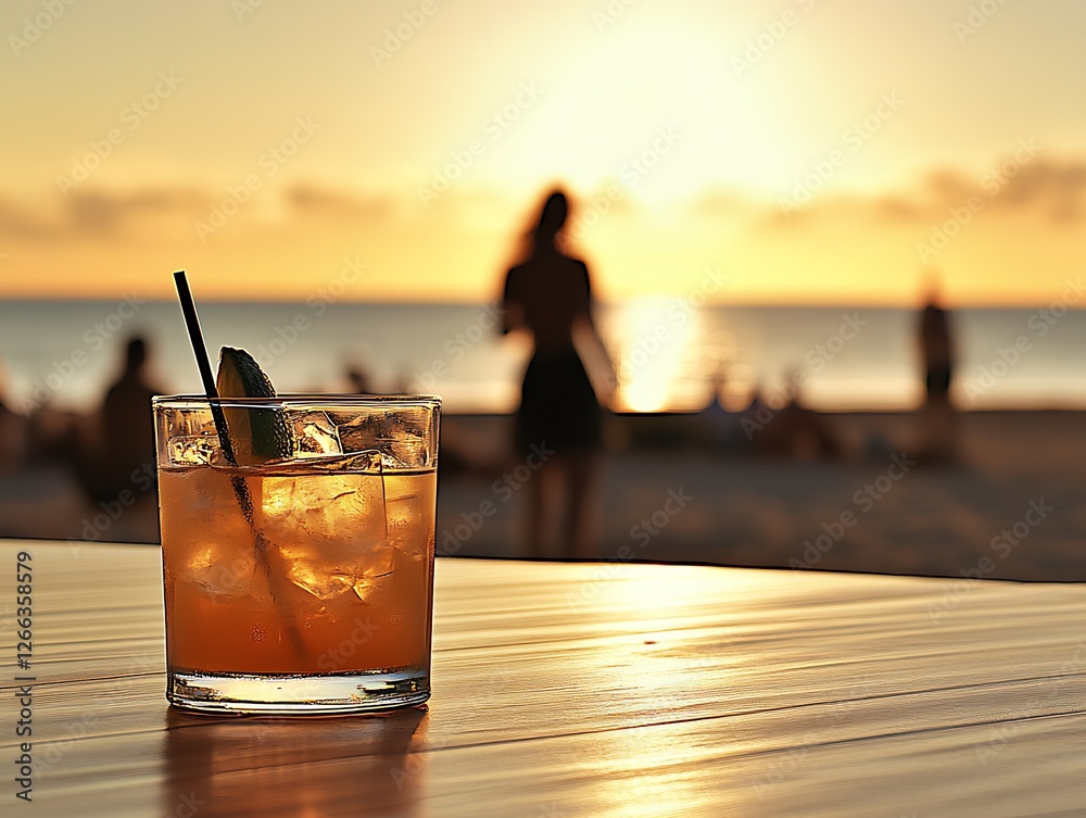 Poster delicious cocktail presented at sunset with a scenic view of the ocean capturing a warm evening atmo
