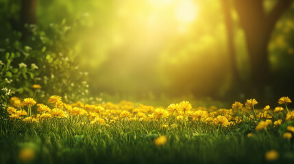 Obraz premium vibrant dandelion field in sunlit forest, showcasing nature beauty and tranquility. warm sunlight enhances cheerful yellow flowers, creating serene atmosphere