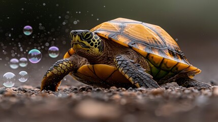 Naklejka premium Playful Turtle Yellow Shell Green Body Bubbles Nature Wildlife Reptile Close Up
