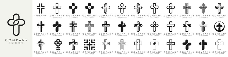 Obraz premium set of church logo design vector. minimal Jesus Christ Cross. line style concept for Christian Church Community inspiration