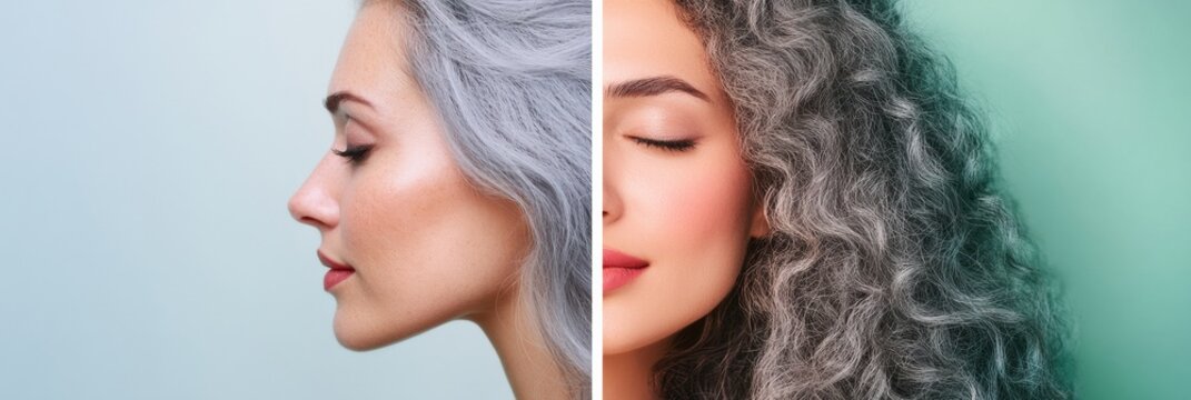 Gray hair transformation to vibrant dyed curls showcasing personal style change over time and embracing beauty at any age. Generative AI