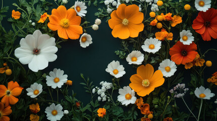 Obraz premium Bright orange and white flowers arranged beautifully on dark green background, creating vibrant and cheerful floral display. mix of colors and textures adds lively touch to any setting