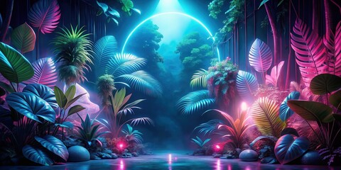 Fototapeta premium Ethereal Neon Glow Illuminates Lush Tropical Foliage with a Mystical Circular Light Source