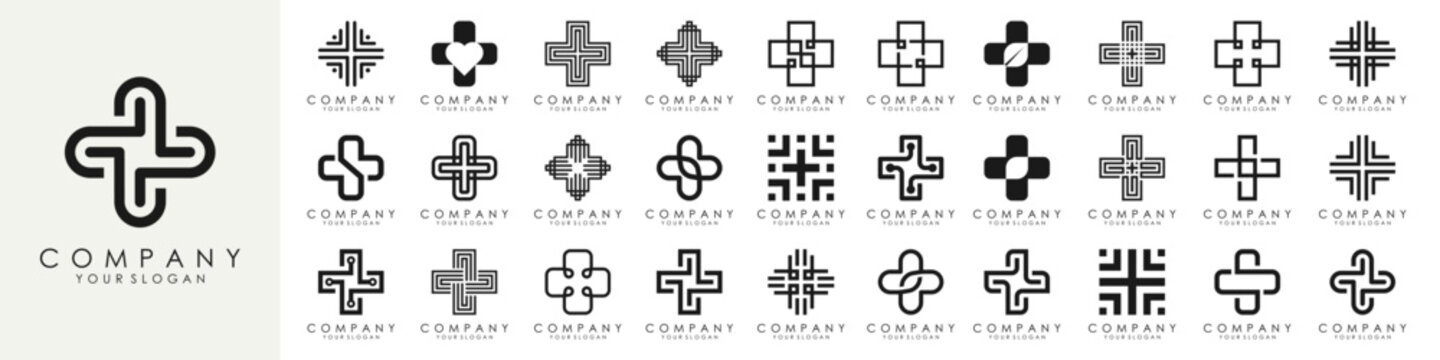 set of Medical Cross logo design template set. Isolated plus icon symbols for hospital, ambulance, pharmacy. Vector collection of health care emblems, signs, badges.