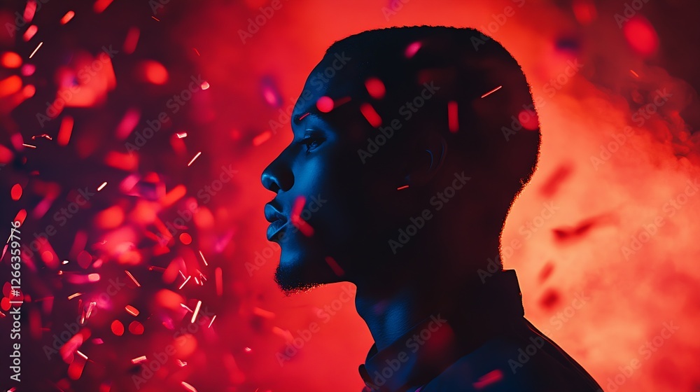 Aufkleber profile portrait of a man against a colorful smoky backdrop in artistic lighting : generative ai