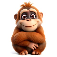 Naklejka premium Adorable Cartoon Orangutan Baby Sitting Happy Expression 3D Render Wildlife Animal