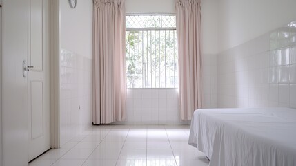Fototapeta premium Empty white room with bed and window, suitable for hospital or hotel