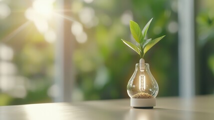 A light bulb-shaped container holds a small plant, symbolizing eco-friendliness and innovation in sustainability.