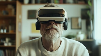Senior man enjoying virtual reality with advanced VR headset in cozy modern home environment : Generative AI