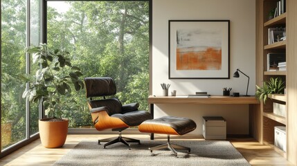 Fototapeta premium A modern home office featuring a stylish chair, a wooden desk, a large window with greenery outside, and a cozy rug.