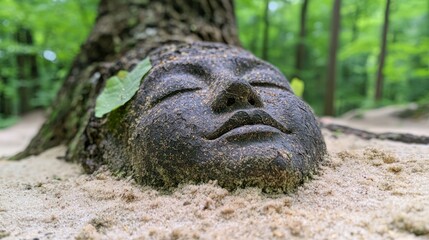 Obraz premium Serene Stone Face Sculpture in Forest Sand Nature Art