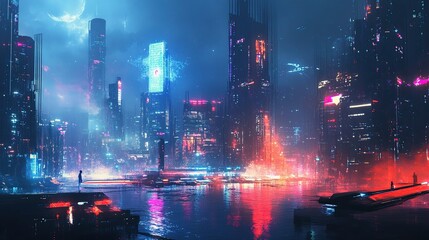 Futuristic Cityscape At Night With Neon Lights And Glowing Structures