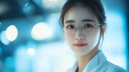 Intelligent young woman wearing glasses poses for a portrait in a spacious clinic setting : Generative AI