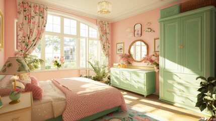 Soft pastel-colored bedroom with dreamy decor and natural lighting, copy space.