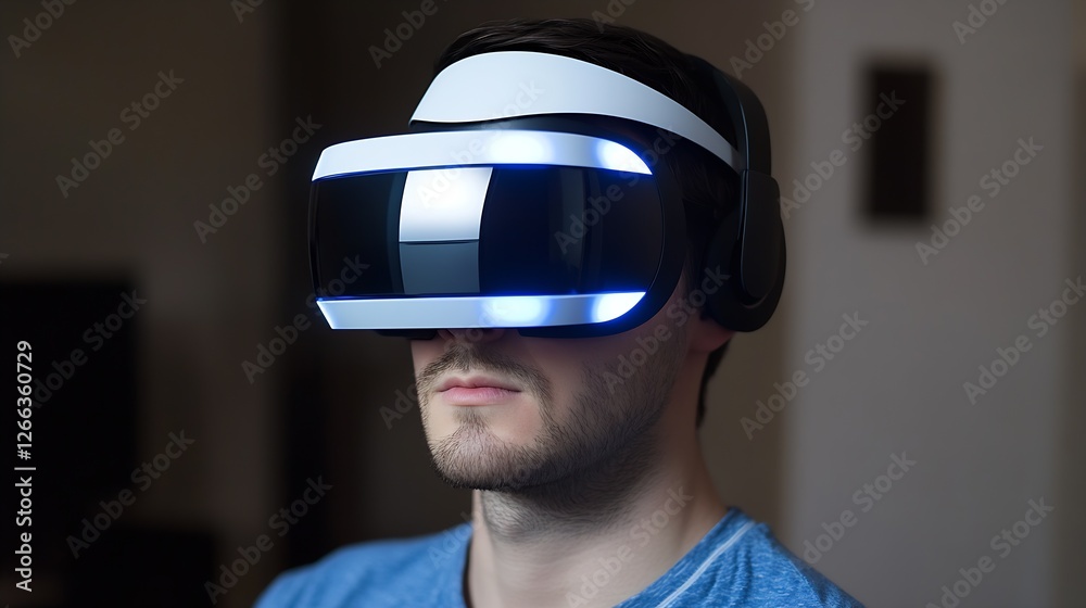 Poster young man experiencing immersive virtual reality technology with a high-tech vr headset at home : ge