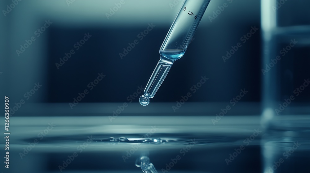 Poster Close up view of a drop of liquid falling from a glass pipette onto a reflective surface in a laboratory setting : Generative AI