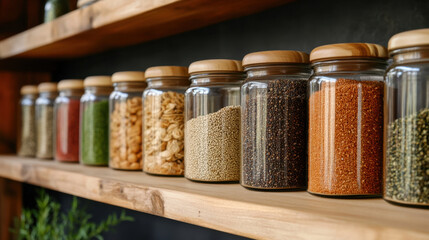Organized jars filled with various spices and grains on wooden shelves create vibrant kitchen display. colorful ingredients add touch of warmth and flavor to any culinary space