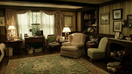 Softly lit living space with neutral-toned decor, cozy furniture, and copy space.