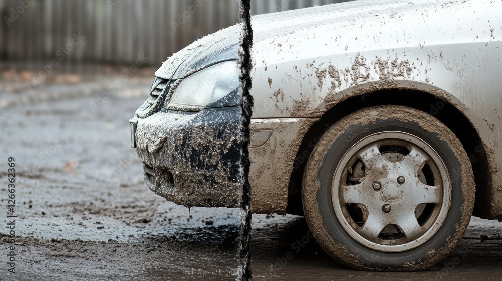 Poster comparison of a scratched dirty car versus a shiny polished car side by side. generative ai