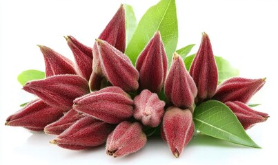 Fototapeta premium Vibrant cluster of red pods surrounded by green leaves, showcasing natural beauty and freshness