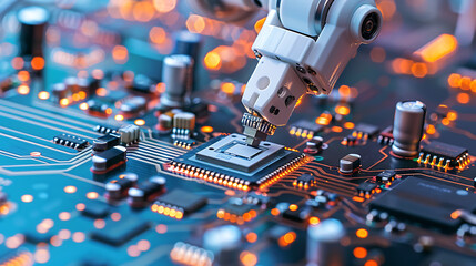 A detailed close-up of a high-speed robotic pick and place machine placing components on a circuit board in an electronics production line.

