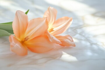 Obraz premium Two peach tulips resting on a marble surface, illuminated by sunlight.