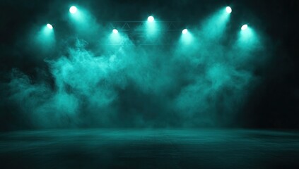 Teal stage lights illuminate smoky, dark room.