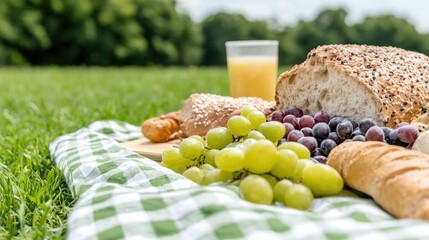 Picnic lunch on checkered blanket in park