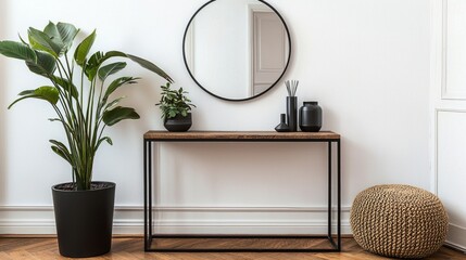 Stylish entryway with a console table, mirror, and minimalist decor, copy space.