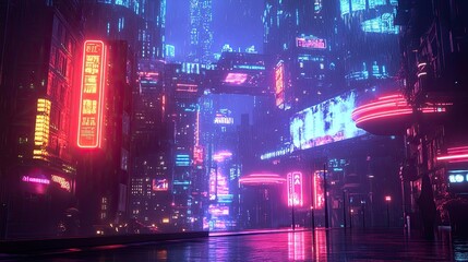 Vibrant Futuristic Cityscape At Night Under Rain